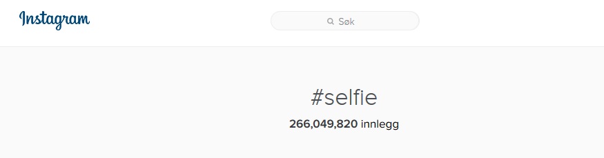 Skjermdump: Klokken 13.25 tirsdag 23.02.2016 finner man 266,049,820 bilder på Instagram med hashtaggen ‘selfie’.